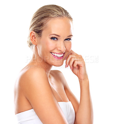 Buy stock photo Woman, portrait and skincare for beauty in studio with makeup, cosmetics and glowing skin with mockup space. Model, person and facial treatment with smile, self care or confidence on white background