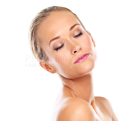 Buy stock photo Woman, face and skincare for beauty in studio with makeup, cosmetics and glowing skin with mockup space. Model, person and facial treatment with collagen, self care and topless on white background
