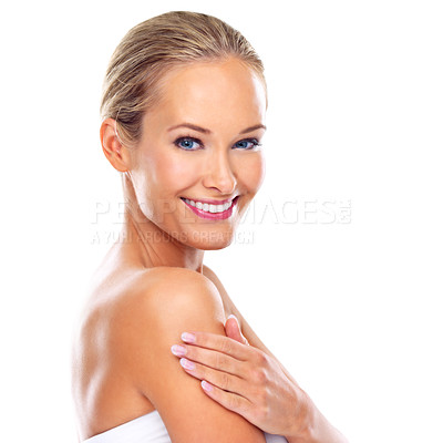 Buy stock photo Beauty, skincare and portrait of happy woman on a white background for wellness, health and facial treatment. Dermatology, salon and face of isolated person with cosmetics, makeup and smile in studio