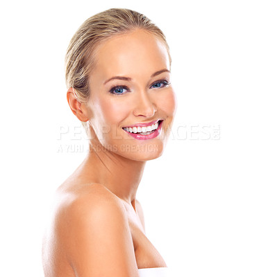 Buy stock photo Happy woman, portrait and skincare with beauty for makeup or cosmetics on a white studio background. Face of female person or model with smile in satisfaction for facial treatment on mockup space