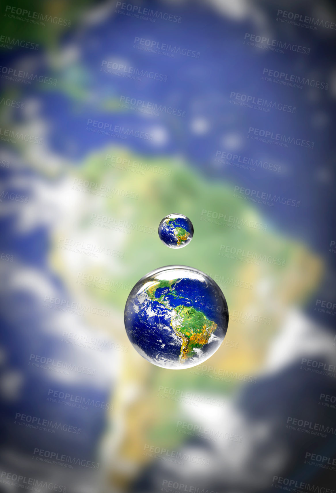 Buy stock photo Closeup shot of a water droplet above the earth