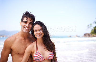 Buy stock photo Smile, beach and portrait of couple on vacation, adventure or holiday for romantic travel. Happy, love and young man and woman on date by ocean or sea for tropical outdoor anniversary weekend trip.