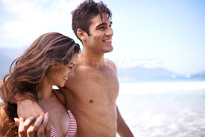 Buy stock photo Beach, smile and couple with vacation, sunshine and weekend break for honeymoon and adventure. Outdoor, seaside and embrace with man and woman with holiday and love with anniversary, happy and summer