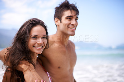 Buy stock photo Beach, smile and couple with vacation, ocean and weekend break for honeymoon, embrace and adventure. Outdoor, seaside and travel with man or woman with holiday or love with anniversary, hug or summer