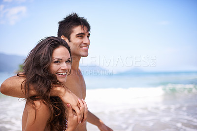 Buy stock photo Beach, smile and couple with vacation, travel and weekend break for honeymoon, summer and adventure. Romance, seaside and embrace with man and woman with holiday and love with anniversary and journey
