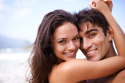 Buy stock photo Hug, beach and portrait of couple on vacation, adventure or holiday for romantic travel. Happy, love and young man and woman on date by ocean or sea for tropical outdoor anniversary weekend trip.