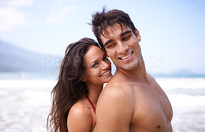 Buy stock photo Embracing, beach and portrait of couple on vacation, adventure or holiday for romantic travel. Happy, love and young man and woman on date by ocean for tropical outdoor anniversary weekend trip.