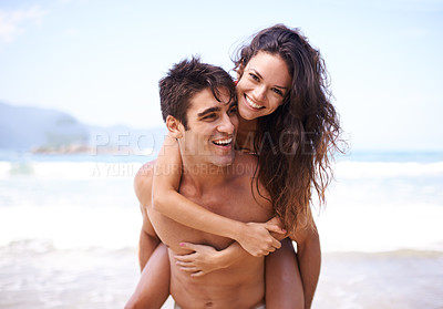 Buy stock photo Piggyback, beach and portrait of couple on vacation, adventure or holiday for romantic travel. Happy, love and young man and woman on date by ocean for tropical outdoor anniversary weekend trip.