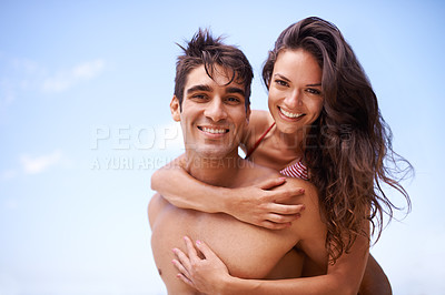 Buy stock photo Piggyback, happy and portrait of couple by beach on vacation, adventure or holiday for romantic travel. Happy, love and young man and woman on date by ocean for tropical anniversary weekend trip.