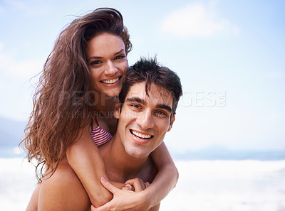 Buy stock photo Piggyback, ocean and portrait of couple at beach on vacation, adventure or holiday for romantic travel. Happy, love and young man and woman on date by sea for tropical anniversary weekend trip.