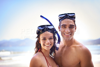 Buy stock photo Scuba diving, portrait or couple on holiday at a beach to explore for marine adventure, hobby or vacation activity. Mask, divers or people at sea for travel, tropical environment or outdoor nature