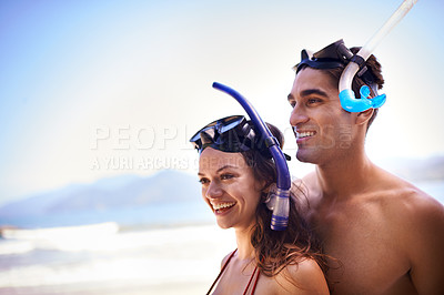 Buy stock photo Scuba diving, happy or couple on holiday at a beach to explore for marine adventure, hobby or vacation activity. Mask, divers or people at an ocean for travel, tropical environment or outdoor nature
