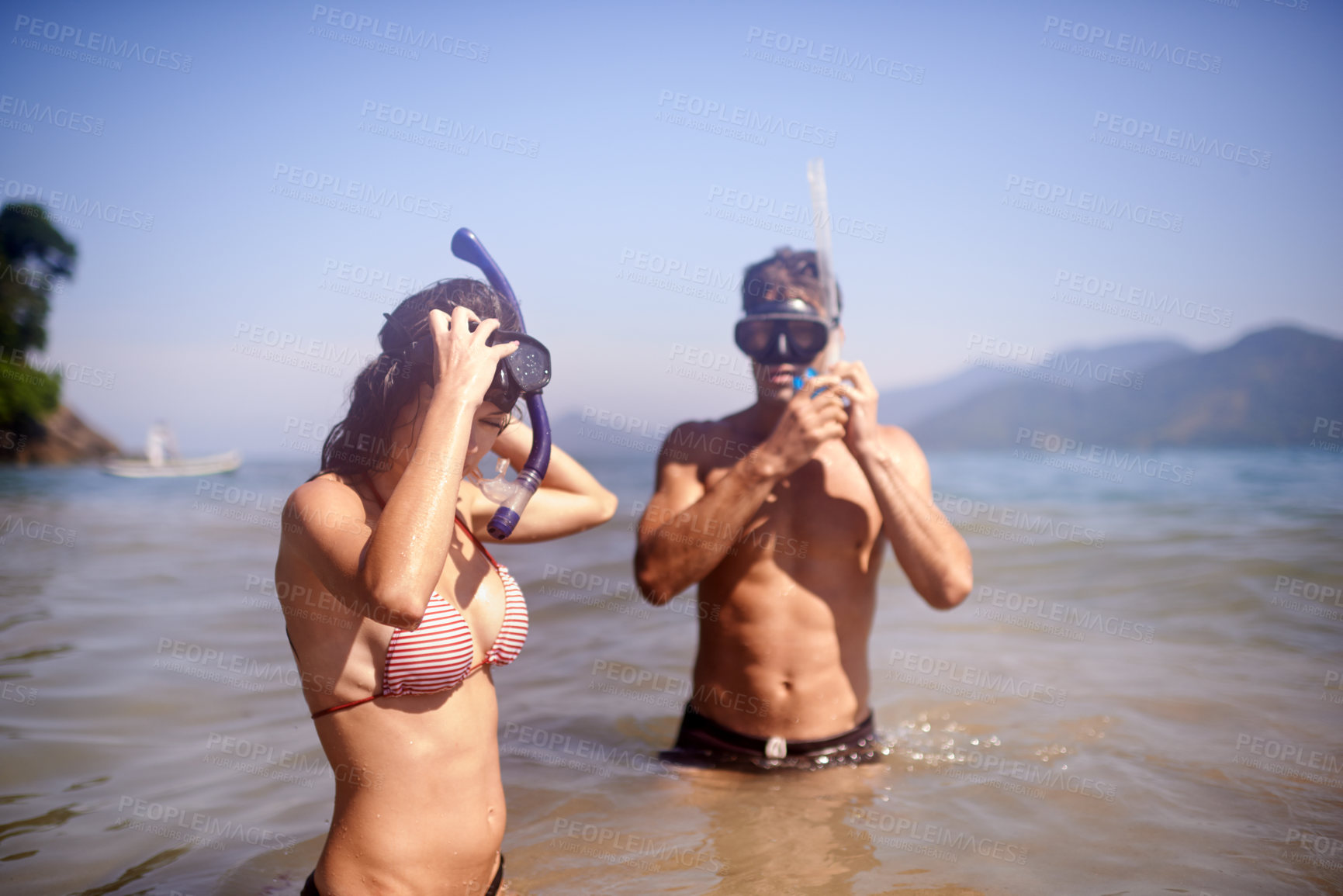 Buy stock photo Scuba diving, water or couple swimming to explore for marine adventure, hobby or vacation activity. Mask, divers or people at sea, beach or ocean for travel, tropical environment or outdoor holiday