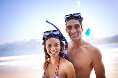Buy stock photo Scuba diving, portrait or couple on holiday at sea to explore for marine adventure, hobby or vacation activity. Mask, divers or people at a beach for travel, tropical environment or outdoor nature 