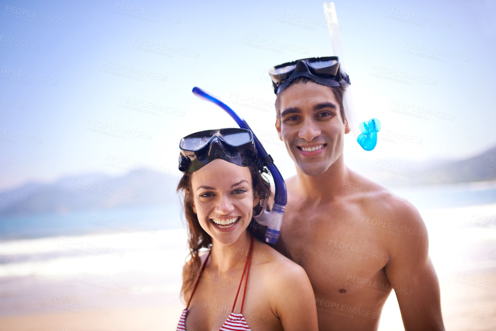 Buy stock photo Scuba diving, portrait or couple on holiday at sea to explore for marine adventure, hobby or vacation activity. Mask, divers or people at a beach for travel, tropical environment or outdoor nature 