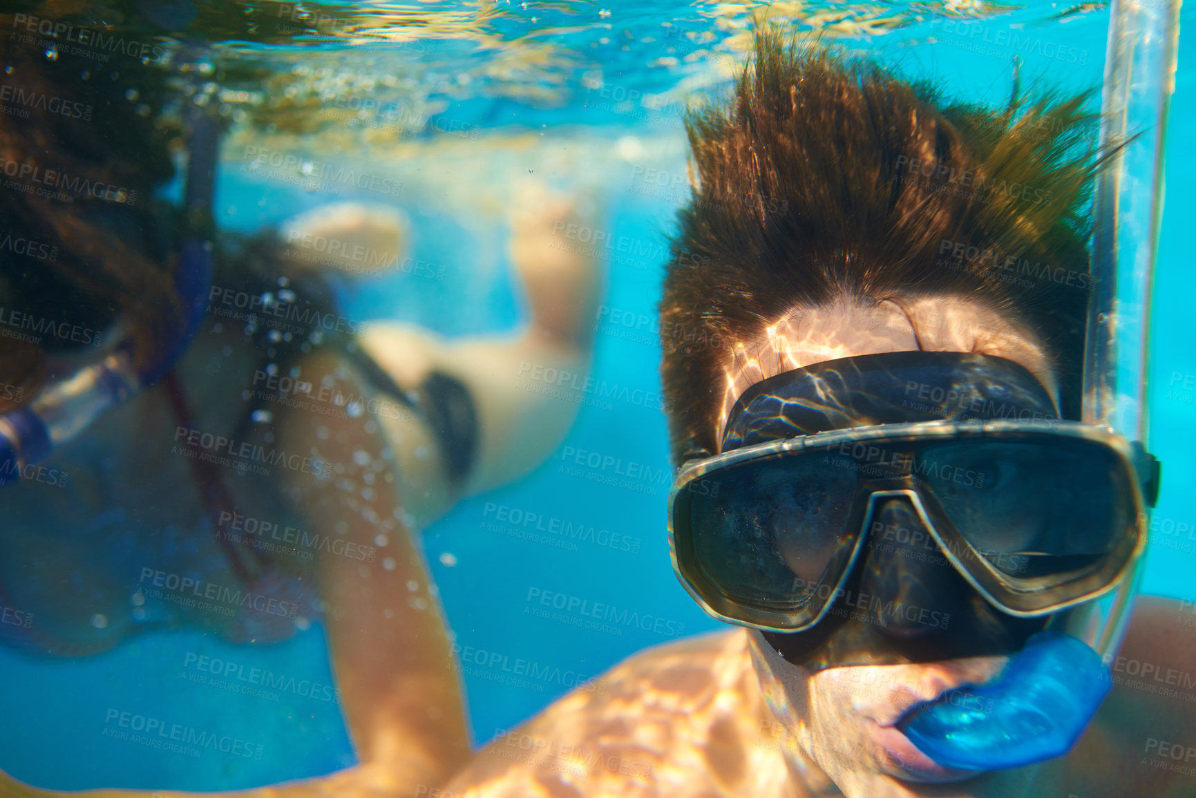 Buy stock photo Scuba diving, underwater or face of couple swimming to explore for marine adventure, vacation or activity. Mask, divers or people at sea or ocean for travel, tropical environment or outdoor holiday