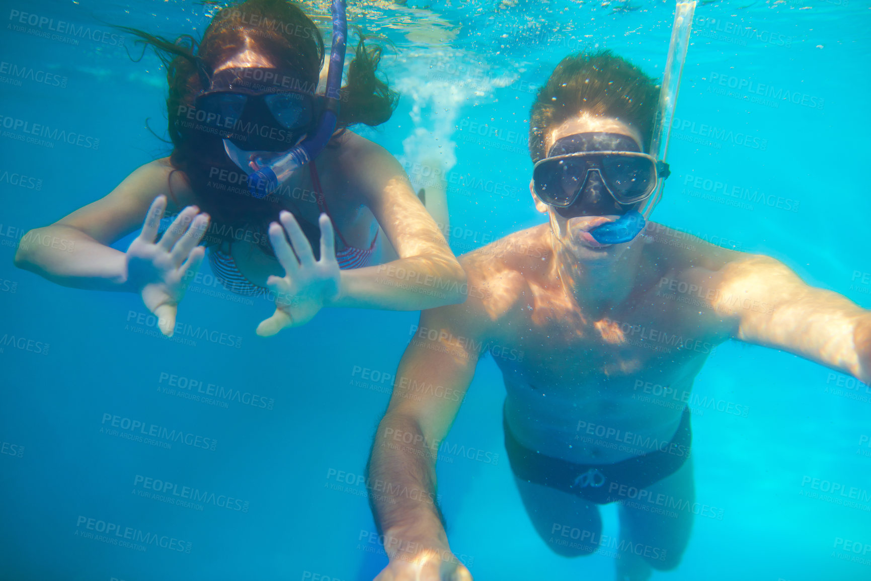 Buy stock photo Scuba diving, underwater or couple swimming on holiday to explore for marine adventure, hobby or vacation. Mask, divers or people at sea or ocean for travel, tropical environment or outdoor activity