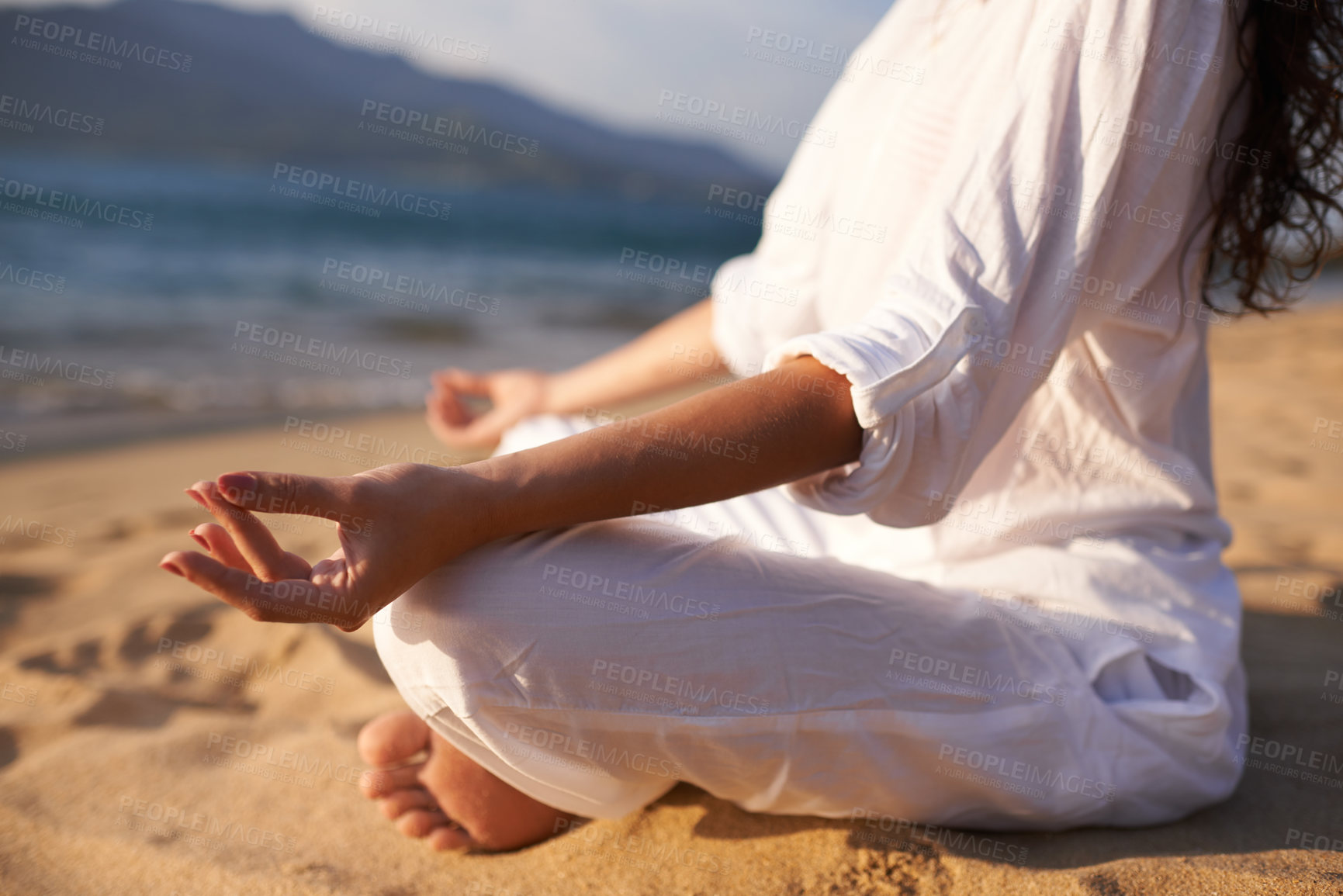 Buy stock photo Yoga, hands and woman at beach in meditation for zen peace, wellness and mindfulness in outdoor nature. Lotus closeup, sand and calm person on holiday vacation for spiritual healing or mental health