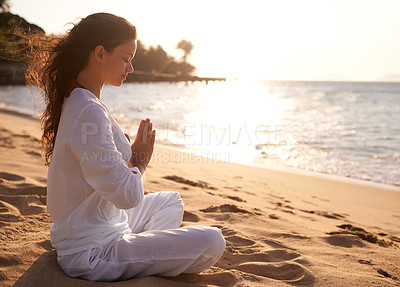 Buy stock photo Beach, meditation or woman with prayer hands in nature at sunset for peace, zen or mental health wellness. Spiritual, balance or person at the ocean for energy, breathing or holistic self care at sea