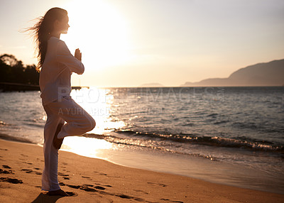 Buy stock photo Sunset, beach or woman with meditation in nature for peace, zen or mental health wellness. Spiritual, balance or female person at the ocean for energy, breathing or holistic self care at sea sunrise