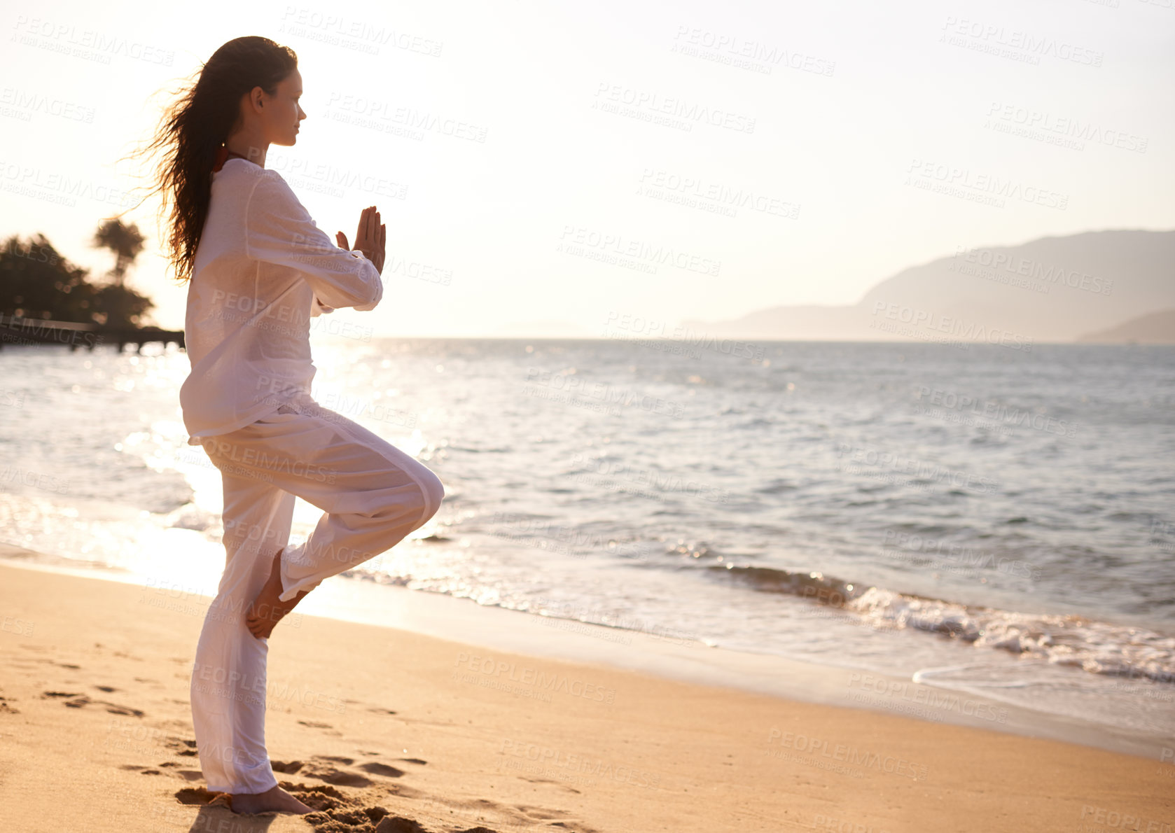 Buy stock photo Beach, sunset or woman with prayer hands mediation in nature for peace, zen or mental health wellness. Spiritual, balance or female person at ocean for energy, breathing or holistic self care at sea