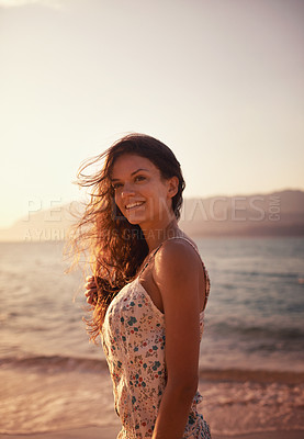 Buy stock photo Happy woman, thinking at beach and travel for ocean, view and vacation in Cancun with nature, sunset and breeze. Fresh air, wellness and reflection outdoor, smile for adventure and tourism on island