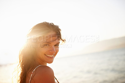 Buy stock photo Sunset, beach and portrait of happy woman in summer for vacation, holiday and weekend outdoors. Nature, travel and face of person smile for relaxing, adventure and freedom by ocean on tropical island