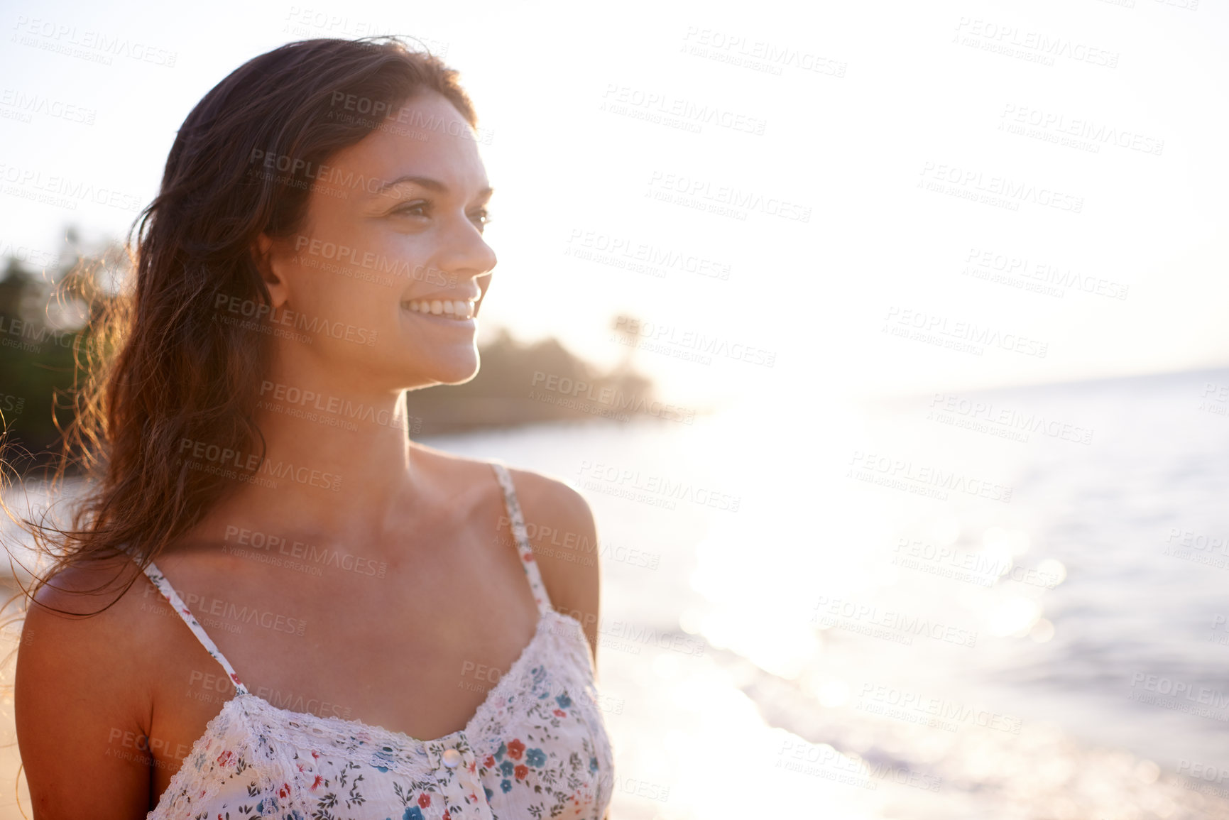 Buy stock photo Happy woman, thinking with view on beach and travel for wellness, fresh air and sunshine, ocean and summer in Bali. Reflection, memory and future with vacation for tourism, mindfulness and adventure
