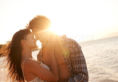 Buy stock photo Beach, sunshine and man with woman for forehead touch or hug by ocean on vacation in Cancun for anniversary date. Love, affection and bonding with adventure together, commitment and trust outdoor