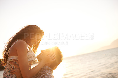 Buy stock photo Beach, travel and man carry woman, hug by ocean and sunset for view on vacation in Cancun with date or anniversary. Love, affection and bonding with adventure together, commitment and trust outdoor