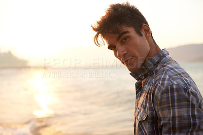 Buy stock photo Man, portrait and beach for holiday sunset for summer vacation or explore seaside, ocean or travel. Male person, face and relax weekend in Florida for sunshine destination or outdoor, nature or coast