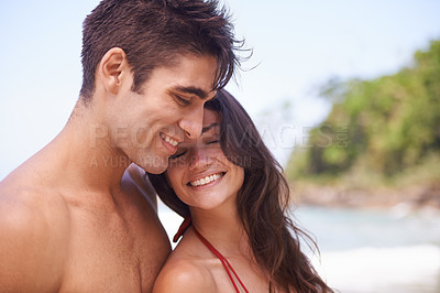 Buy stock photo Love, smile or couple hug at beach to relax on tropical holiday, vacation or anniversary in summer romance. Travel, freedom or happy woman enjoy affection with man in nature or ocean for wellness