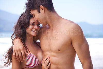 Buy stock photo Love, smile or happy couple hug at sea to relax on tropical holiday, vacation or anniversary in summer romance. Travel, beach trip or woman with affection, care or man in nature or ocean for wellness