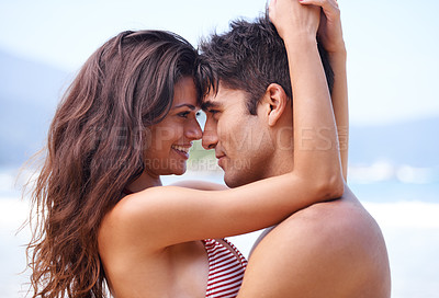 Buy stock photo Love, romance or couple hug at a beach to relax on tropical holiday, vacation or anniversary in summer. Travel, sea or happy woman with affection, care or man in outdoor nature or ocean for wellness