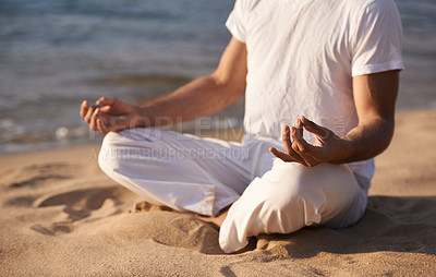 Buy stock photo Meditation, hands with lotus and person on beach, mindfulness and zen with fresh air for calm outdoor. Ocean, seashore and travel with yoga for health, peace of mind and holistic healing for aura
