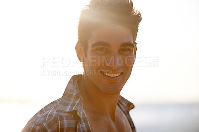 Buy stock photo Happy, beach and portrait of man in summer for vacation, holiday and weekend outdoors. Nature, travel and face of person with smile for relaxing, adventure and freedom by ocean on tropical island