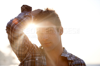 Buy stock photo Man, sunshine and portrait with lens flare, travel and vacation in Hawaii with confidence outdoor. Tourism, face and adventure with peace, zen and fresh air for wellness, summer and natural light