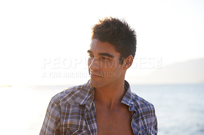 Buy stock photo Man, sexy and travel with fashion, smile and wellness in landscape, confidence and chest. Male person, beach and hot by ocean, coast and tropical for summer, vacation and tourist in Cape Town