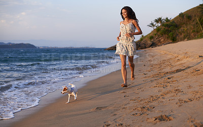 Buy stock photo Woman, running on beach and dog with travel for ocean, vacation in Cancun and nature with pet. Fresh air, wellness and energy with puppy outdoor, happiness for adventure and tourism on island