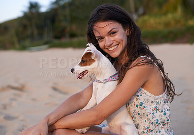Buy stock photo Woman, portrait and dog on beach for holiday peace at sunset for vacation getaway, weekend or bonding. Female person, Jack Russell and face in summer for morning rest in Florida, calm or relaxing