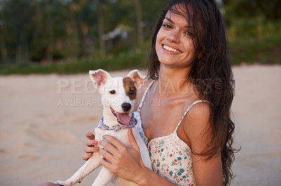 Buy stock photo Woman, portrait and dog on beach for relax holiday at sunset for vacation getaway, weekend or bonding. Female person, Jack Russell and face in summer for morning rest in Florida, calm or peaceful