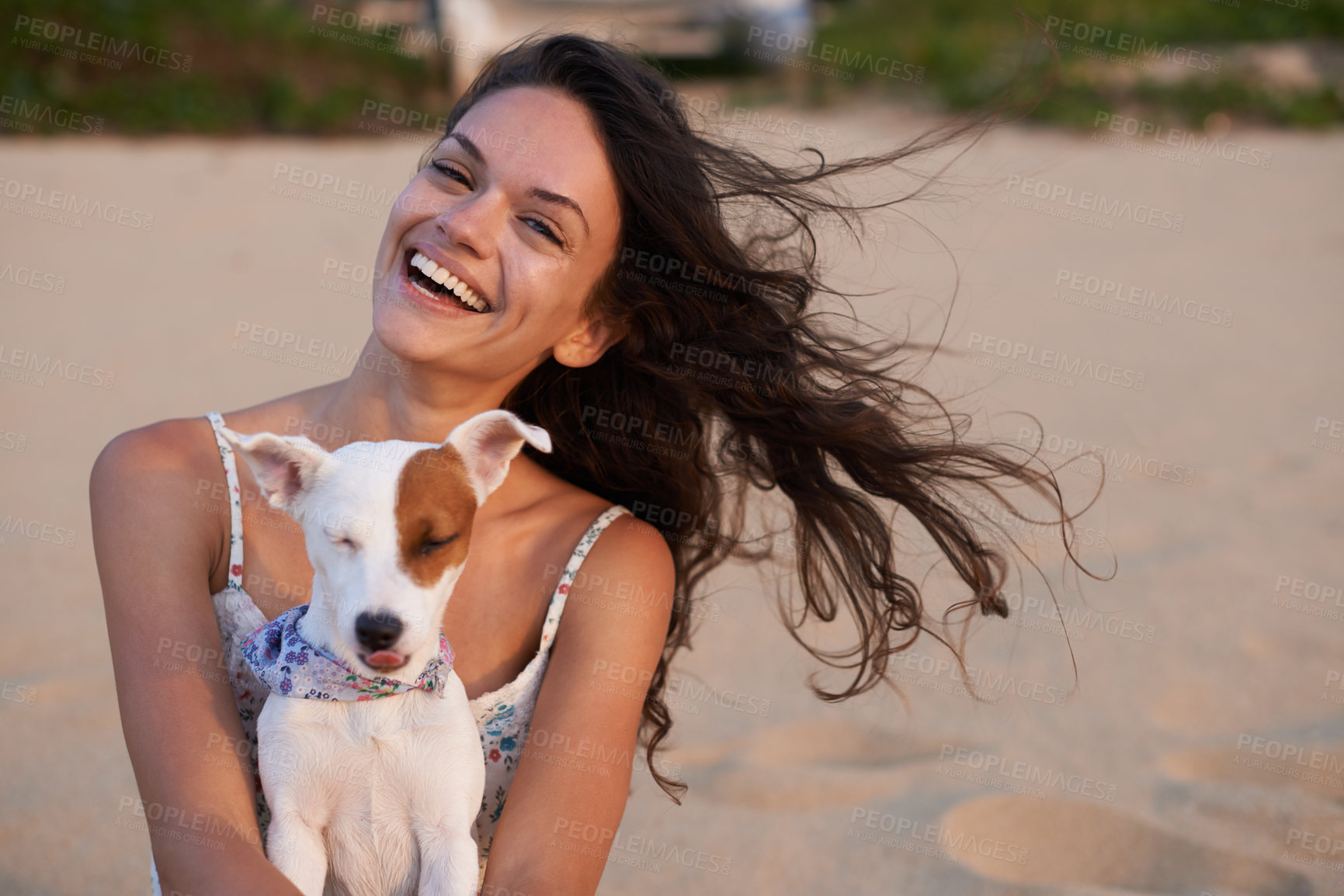 Buy stock photo Woman, portrait and dog on beach for happy holiday at sunset for vacation getaway, weekend or bonding. Female person, Jack Russell and face in summer for morning rest in Florida, calm or relaxing