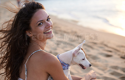 Buy stock photo Woman, portrait and dog on beach or happy for nature holiday at sunset for vacation, weekend or bonding. Female person, Jack Russell and face in summer for morning rest in Florida, wind or relaxing