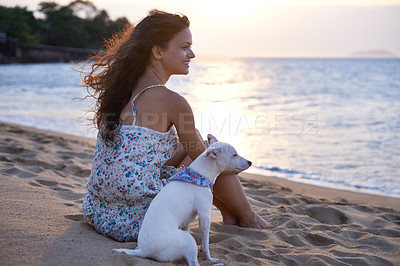 Buy stock photo Woman, dog and beach sunset for relax or holiday vacation for travel journey, bonding or peace. Female person, Jack Russell and weekend in Florida for resting outside or summer, animal or destination