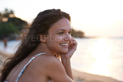 Buy stock photo Woman, thinking with view on beach and smile for travel, fresh air and sunset with ocean and holiday in Bali. Reflection, memory and future with summer vacation for tourism, mindfulness and adventure