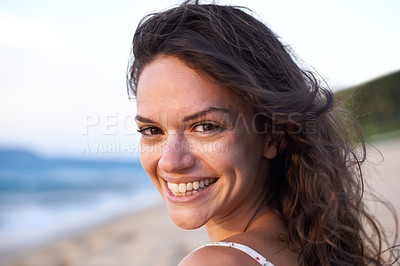 Buy stock photo Happy, beach and portrait of woman by ocean for vacation, holiday and weekend outdoors. Nature, travel and face of person with smile for relaxing, adventure and freedom in summer on tropical island