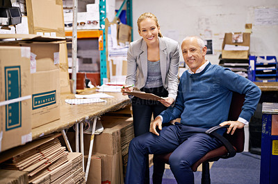 Buy stock photo Business people, management or portrait with clipboard in warehouse for teamwork, quality control or check list. Mature man, woman or smile for supply chain, logistics career or planning product info