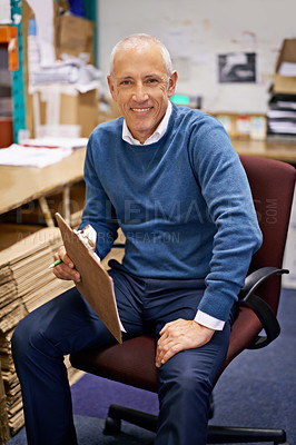 Buy stock photo Business, portrait or old man with clipboard in warehouse office for logistics, planning or cargo checklist. Industry, supply chain or factory manager with compliance documents for cardboard recycle