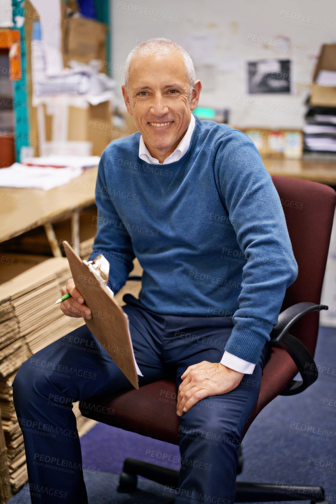 Buy stock photo Business, portrait or old man with clipboard in warehouse office for logistics, planning or cargo checklist. Industry, supply chain or factory manager with compliance documents for cardboard recycle