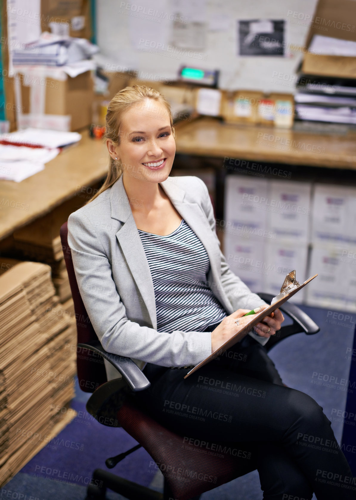 Buy stock photo Business, face or happy woman with clipboard in warehouse office for logistic, planning or cargo checklist. Industry, supply chain or factory manager with compliance documents for cardboard recycling